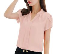 Womens Chiffon Blouse Eleganr Stand Collar V Neck Short Sleeve Henley Shirt Ladies Summer Lightweigtht Pullover Solid Chiffon Tunic Tops for Work Bussiness Office