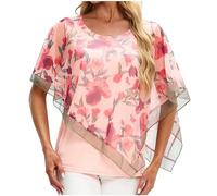 Women's Chiffon Blouse Tops Summer Crew Neck Casual Batwing Sleeves Handkerchief Hem Lined Flowy Leopard/Floral Print Blouses Shirts Womens Blouses Tunic Tops Double Layers Mesh Shirts UK Sale