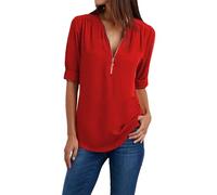 Women's Chiffon Blouses, Long Sleeve | Zipper Loose Fit Plus Size Top, Soft Cotton Casual, Ladies Everyday Comfort Wear Top Red XL