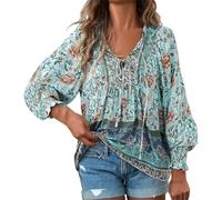 Women's Chiffon Blouses Ruffle Long Sleeve Boho Floral Lace Up V Neck Summer Beach Vacation Blouses Shirts Loose Fit Ladies Pullover Tunic Tops S-XL Blue