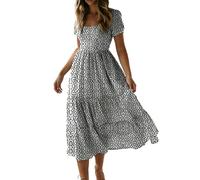 Women's Chiffon Dress Polka Dots Dresses Short Sleeve Square Neck Swing Midi Dress Casual Ruffle Hem Tunic Dresses Ladies Pleated Sundress Party Bohemian Flowy Long Skirts