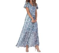 Women's Chiffon Floral Maxi Dress - Summer Elegant Boho Long Flowy Dresses Ruffle Sleeves V Neck Vacation Beach Outfit Wedding Guest Engagement Cocktail Party