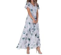Women's Chiffon Floral Maxi Dress - Summer Elegant Boho Long Flowy Dresses Ruffle Sleeves V Neck Vacation Beach Outfit Wedding Guest Engagement Cocktail Party