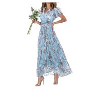 Women's Chiffon Floral Maxi Dress - Summer Elegant Boho Long Flowy Dresses Ruffle Sleeves V Neck Vacation Beach Outfit Wedding Guest Engagement Cocktail Party (L,Blue)