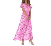 Women's Chiffon Floral Maxi Dress - Summer Elegant Boho Long Flowy Dresses Ruffle Sleeves V Neck Vacation Beach Outfit Wedding Guest Engagement Cocktail Party (S,Pink)
