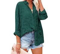 Women's Chiffon Jacquard Button Long Sleeve Shirt Blouse Solid Elegant Jacquard Shirts Tops Floral Print Lace Chiffon Shirt (Green,XXL)
