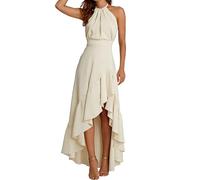 Women's Chiffon Maxi Dress High Waist Ruffled Hem Asymmetric Side Slit Halter Neck A-Line Cocktail Party Dress