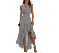 Women's Chiffon Maxi Dress High Waist Ruffled Hem Asymmetric Side Slit Halter Neck A-Line Cocktail Party Dress