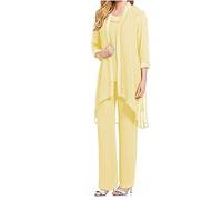 Women's Chiffon Pants Suits 3 PC Mother's Outfit Suits for Wedding Plus Size Evening Gowns Dress Suit Yellow UK18