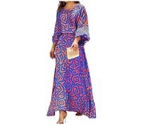 Women's Chiffon Printted Maxi Dress Summer Loose Printed Long Sleeve High Waist Top and Long Skirt Casual Set (Blue&red,XL)
