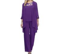 Women's Chiffon Seven-quarter Sleeve Cardigan Sleeveless Top Straight Pants 3-piece Suit Elegant Casual Mother of The Bride Dress Set (Purple,4XL)