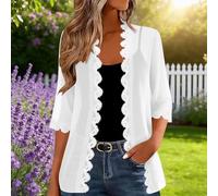Women's Chiffon Sheer 3/4 Sleeve Open Front Cardigan See Through Casual Outerwear Wave Trim Loose Fit Solid Tops