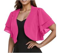 Women's Chiffon Shrug Cardigan Bolero Cropped Cardigan Sheer Short Sleeve Open Front Jacket Double Layer Ruffle Lightweight Shirt Elegant Evening Jackets Wedding Bolero Dresses Cover Ups Hot Pink