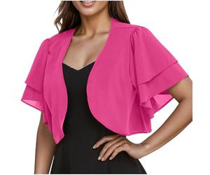 Women's Chiffon Shrug Cardigan Bolero Cropped Cardigan Sheer Short Sleeve Open Front Jacket Double Layer Ruffle Lightweight Shirt Elegant Evening Jackets Wedding Bolero Dresses Cover Ups Hot Pink
