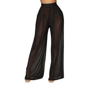 Women's Chiffon Wide Leg Trousers Sexy See Through Mesh Swimsuit Elasticated High Waist Palazzo Pants Lightweight Comfy Summer Beach Pants Flared Trousers for Party Rave Performance Costume Black