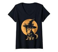 Women's Chihuahua Halloween Dog Wizard Hat Moon Spooky Witchy V-Neck T-Shirt