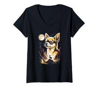Women's Chihuahua Howling At Full Moon Forest Night V-Neck T-Shirt