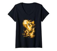 Women's Chihuahua Howling Moon Orange Silhouette Night Sky V-Neck T-Shirt