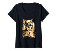 Women's Chihuahua Moon Forest Waterfall V-Neck T-Shirt