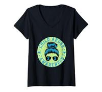 Women's Child Abuse Awareness Messy Bun Blue Ribbon V-Neck T-Shirt