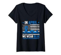 Women's Child Abuse Prevention USA Flag Child Abuse Awareness V-Neck T-Shirt