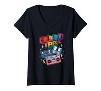 Womens Childhood Vibes vintage retro 90s casette disco 1990s V-Neck T-Shirt