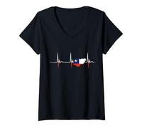 Womens Chile Chilean Map Chilean Roots Heartbeat EKG Pulse V-Neck T-Shirt