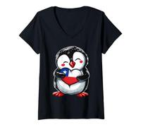 Women's Chile Flag Penguin Heart Chilean Flag Chilean Roots Pride V-Neck T-Shirt