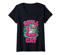 Women's Chill Cat Flamingo Float Mode V-Neck T-Shirt