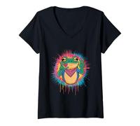 Women's Chill Frog Peace Symbol Hippie Tie-Dye Groovy Vibes V-Neck T-Shirt