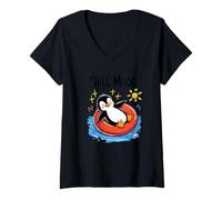 Women's Chill Mode Penguin Floating Summer Vacation Sun Fun V-Neck T-Shirt