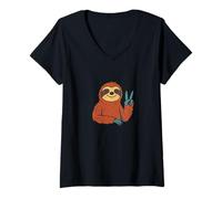 Womens Chill Peace Sign Sloth Funny Cute Relaxed Animal Design V-Neck T-Shirt