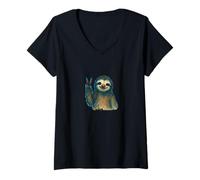 Womens Chill Peace Sign Sloth Funny Cute Relaxed Animal Design V-Neck T-Shirt