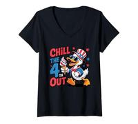 Womens Chill The 4th Out Duck Patriotic US Flag 4th Of July V-Neck T-Shirt