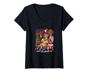 Women's Chill The Fourth Out 4th July US Flag German Shepherd V-Neck T-Shirt