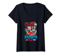 Women's Chill The Fourth Out 4th July US Flag Skeleton On Watermelon V-Neck T-Shirt