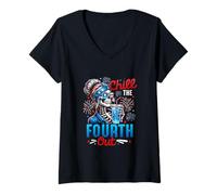 Women's Chill The Fourth Out 4th of July US Flag Skeleton Dinking V-Neck T-Shirt
