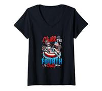 Women's Chill The Fourth Out 4th of July US Flag Skeleton On Float V-Neck T-Shirt