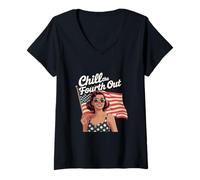 Womens Chill The Fourth Out American Flag Retro Style V-Neck T-Shirt