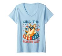 Womens Chill the Fourth Out Cute Corgi Patriotic 4th Of July V-Neck T-Shirt