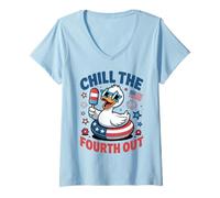 Womens Chill The Fourth Out Duck 4th of July Graphic V-Neck T-Shirt
