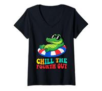 Women's Chill The Fourth Out Funny Alligator Pool Vacation V-Neck T-Shirt