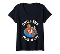 Women's Chill The Fourth Out Funny Bear Pool Float V-Neck T-Shirt