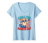 Women's Chill The Fourth Out USA Patriotic Cute Corgi Dog 4th July V-Neck T-Shirt