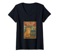 Womens Chill Tokyo Cat Scenic Retro Adventure V-Neck T-Shirt