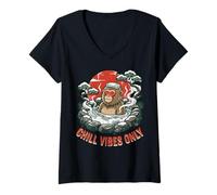 Women's Chill Vibes Only Japanese Snow Monkey Onsen Hot Spring Retro V-Neck T-Shirt