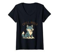 Womens Chill Wolf Relaxed Mood V-Neck T-Shirt