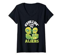 Women's Chillin with My Aliens Halloween Funny V-Neck T-Shirt