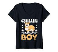 Women's Chillin with My Boy Corgi Funny Welsh Corgi V-Neck T-Shirt