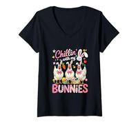 Women's Chillin' with My Bunnies Three Easter Chickens Hunting Eggs V-Neck T-Shirt